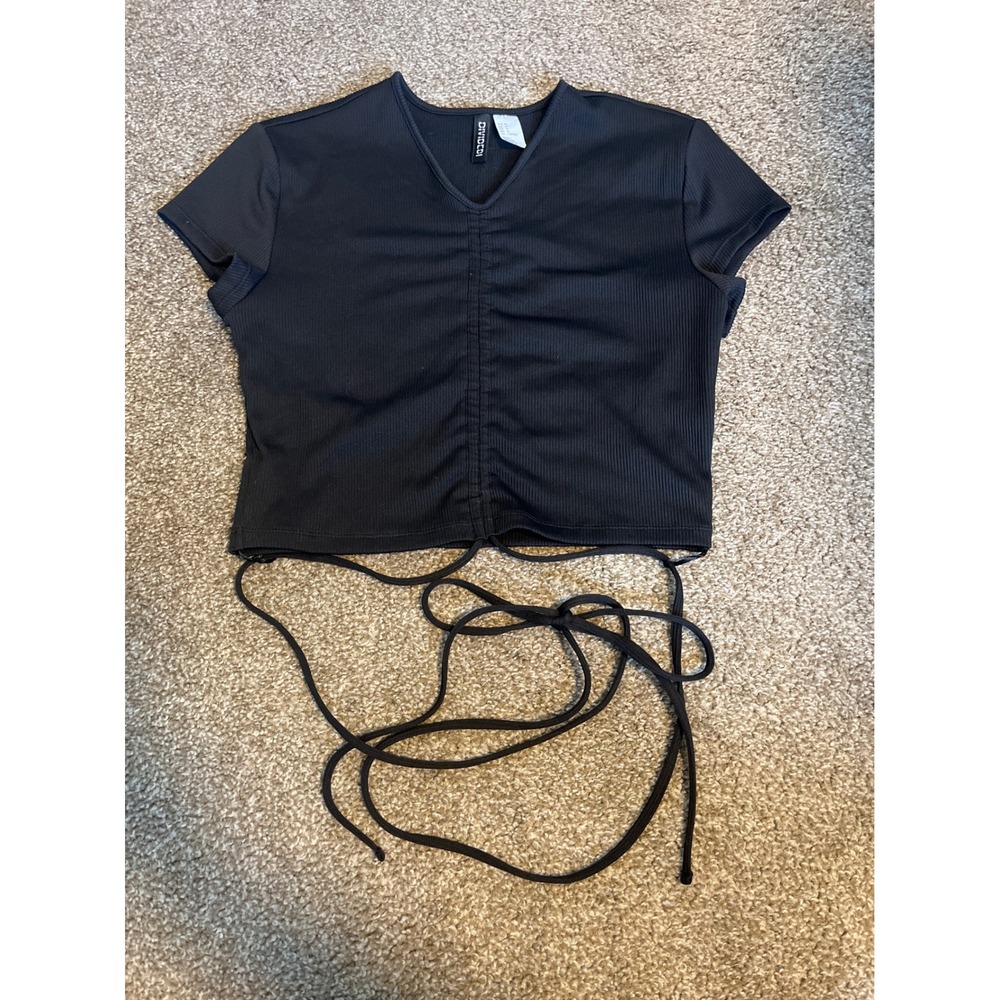 H M Divided Black Ribbed Ruched Drawstring Cropped Waist wrapTop Size M
